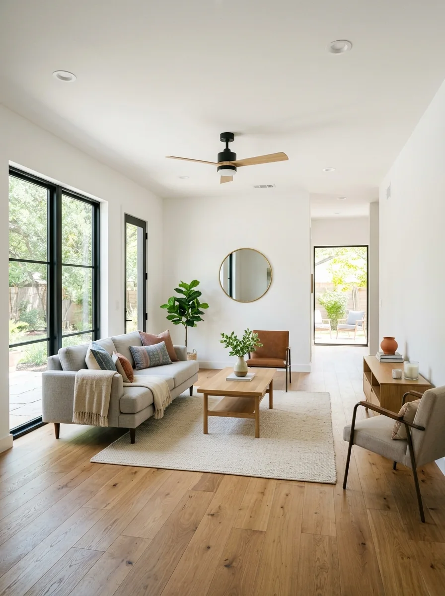 Fully restored Austin living room with new hardwood floors after flood damage restoration
