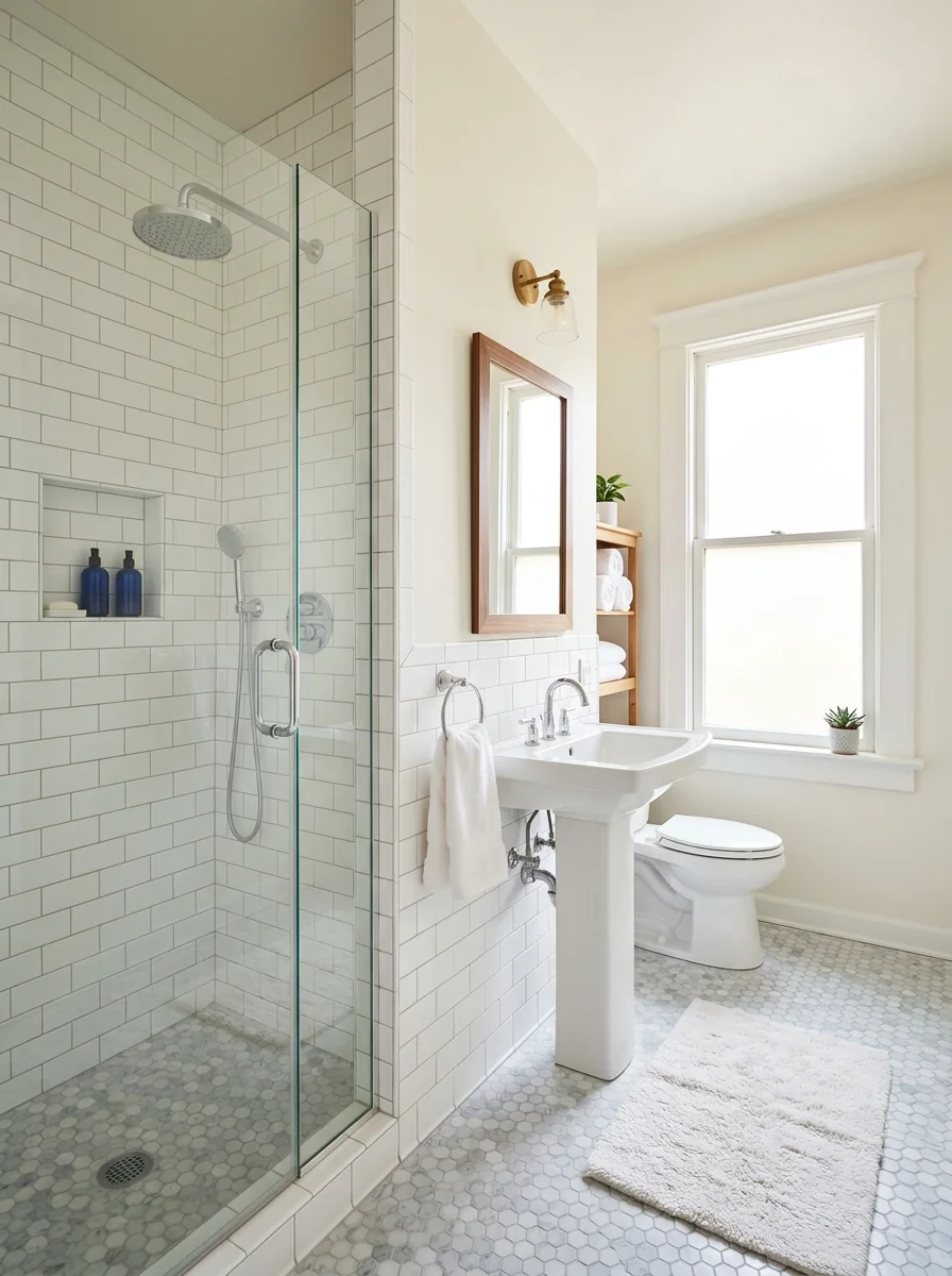 Freshly remediated and rebuilt clean bathroom after mold removal in Austin