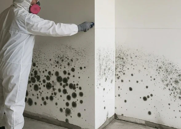 Black mold colonies growing on an interior wall in an Austin home