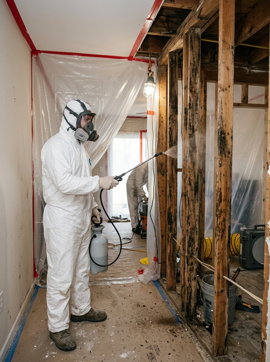HEPA air scrubber running with negative air pressure containment sheeting during mold remediation