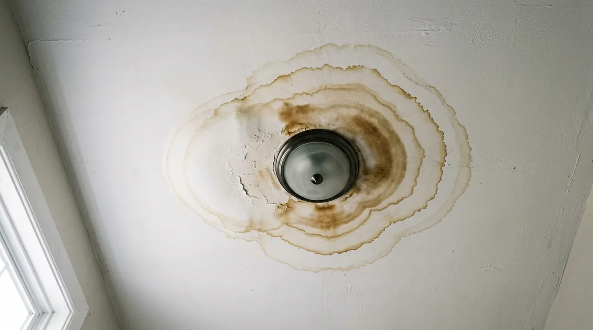 Water staining spreading across a home ceiling from a leak above