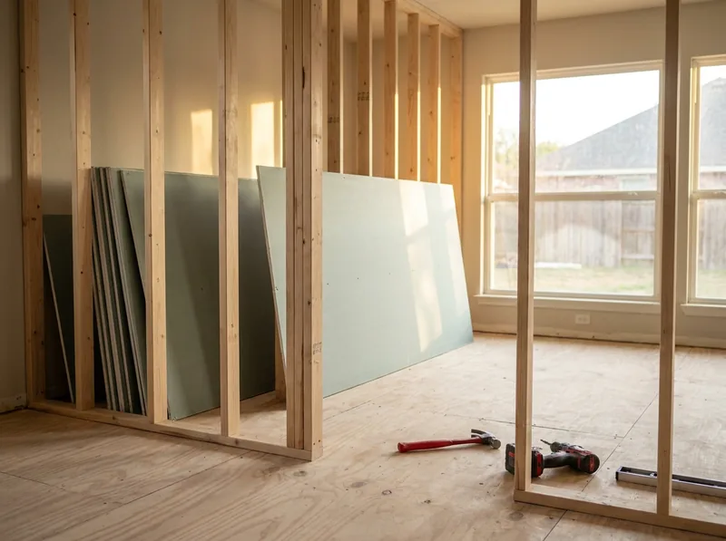 Home interior mid-reconstruction with fresh framing and new drywall