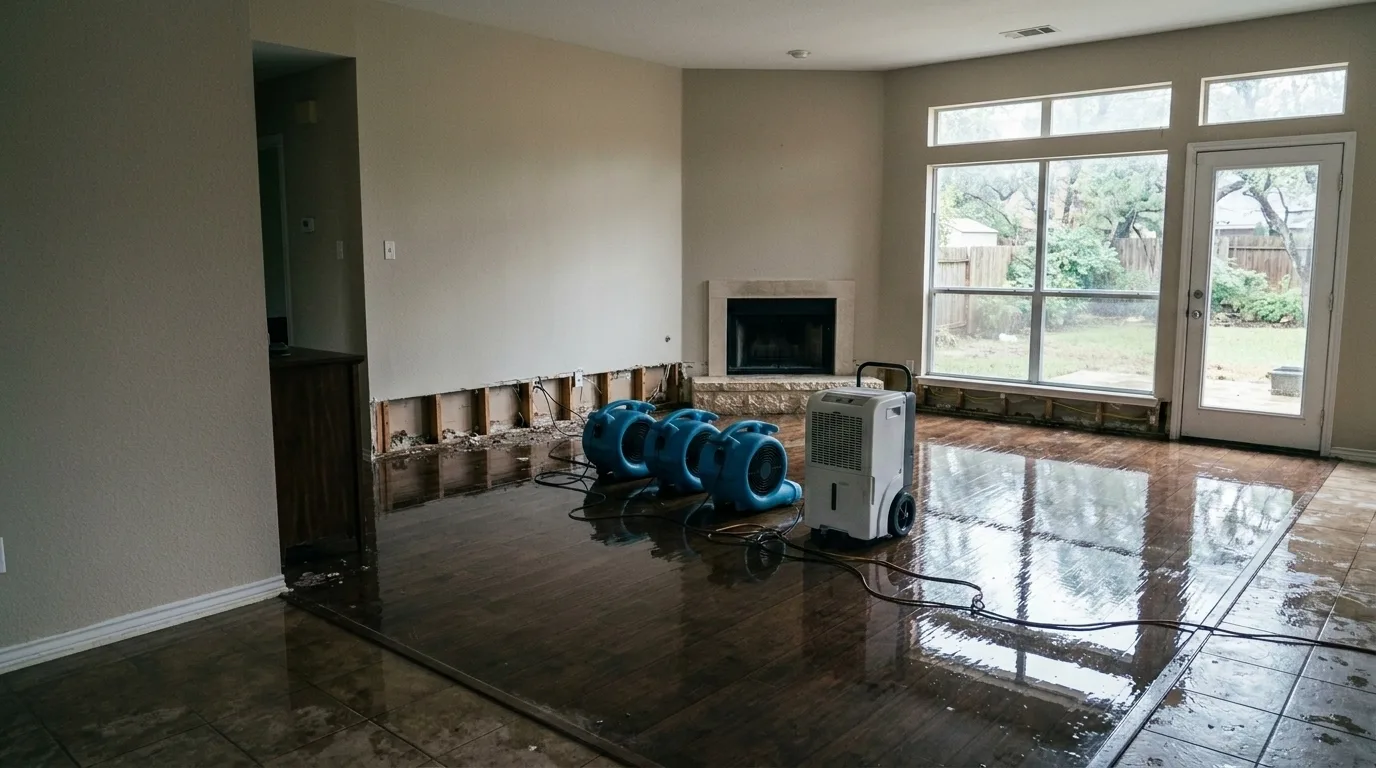 Empty flood-damaged room with industrial air movers running during structural drying