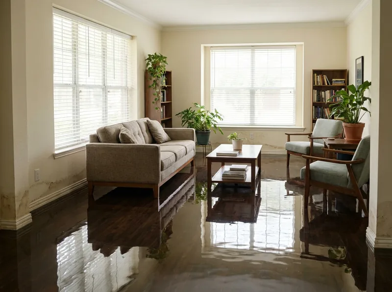 Flooded Austin living room with standing water and professional drying equipment